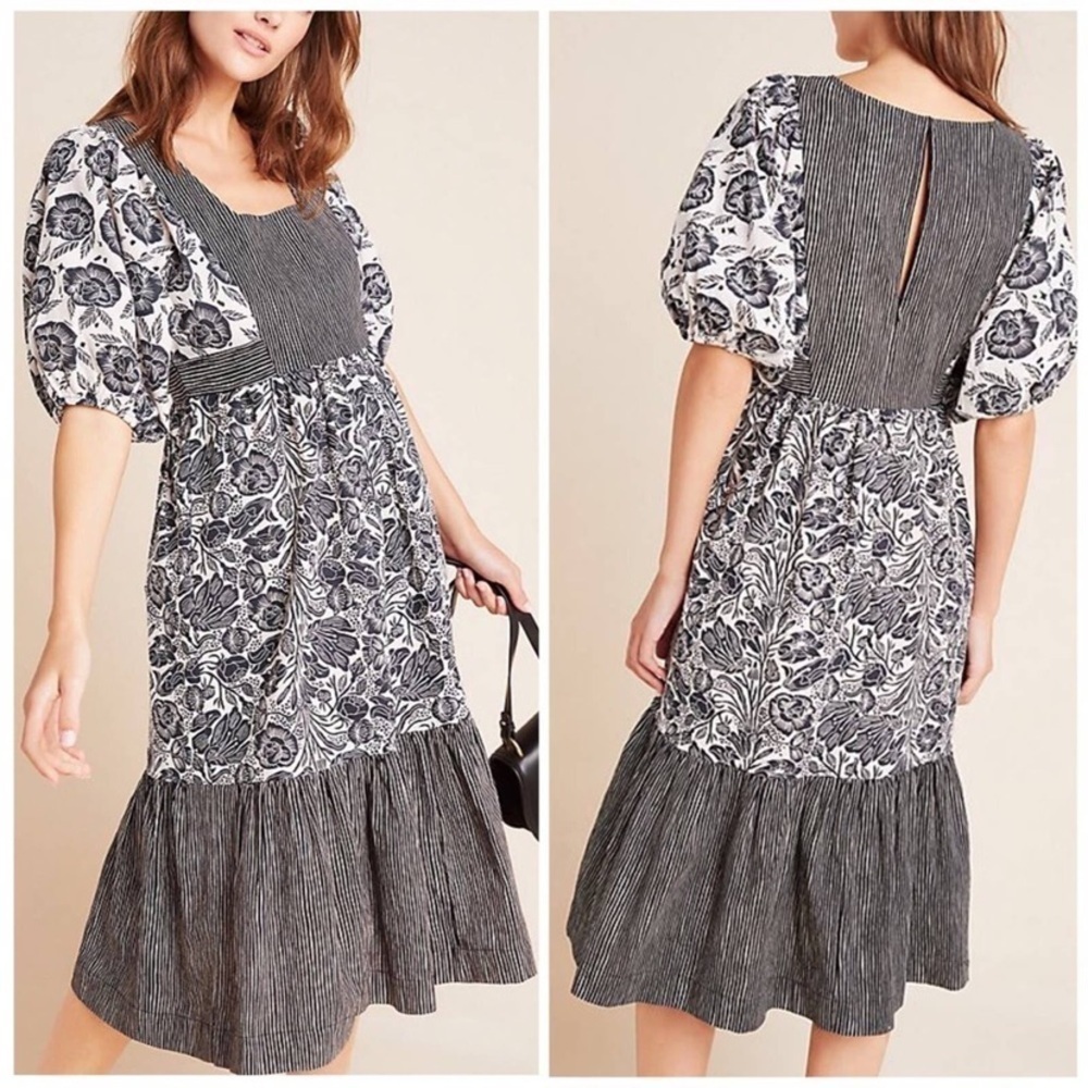 ANTHROPOLOGIE Adrienne Flounced Midi Dress Size 8 Floral Cottagecore Prairie